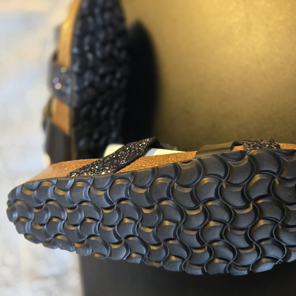 Black Glitter Sandals with Textured Sole